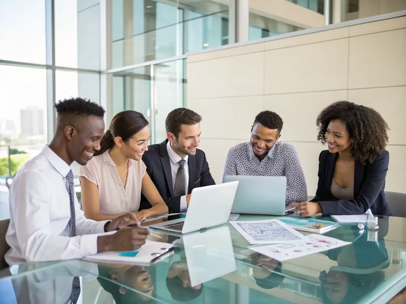 An image showing a diverse team of designers and developers collaborating on a website project. The image should convey teamwork, expertise, and a client-focused approach.